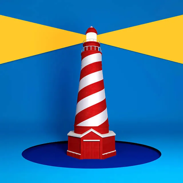 A red and white striped lighthouse modelled in matte paper, standing on a flat blue ground with a dark blue elliptical hole around its base. Its lamp throws two hard-edged yellow wedges of light left and right across the blue backdrop, drawn as flat shapes rather than as glow.