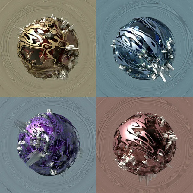 A four-panel contact sheet, each panel a rendered sphere on a ground of concentric ripples in the same colour. Top left is gold and dark red, top right steel blue and silver, bottom left violet and grey, bottom right rose and brown. Each sphere has a smooth flowing crust with long jagged crystals breaking out through it.