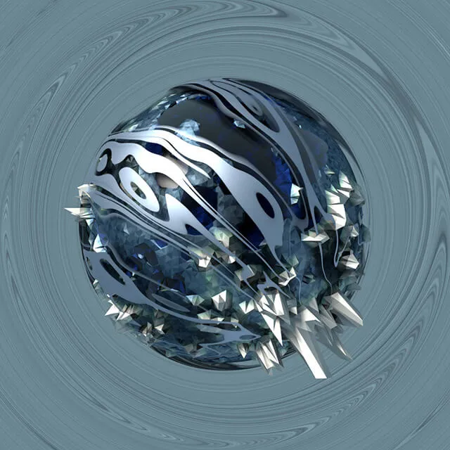 The blue frame at full size. A sphere of steel blue and silver, its ribbons tighter and more metallic, with a dense cluster of crystals breaking out along the lower left edge.