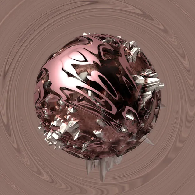The rose frame at full size. A sphere of polished rose gold over dark brown, with a broad smooth cap at the top and crystal fragments scattered across the lower half.