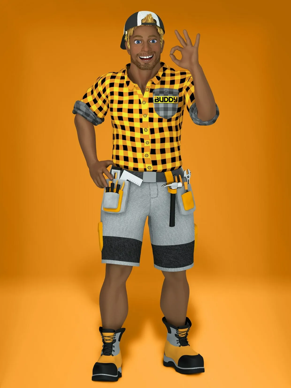 A 3D character standing full length on a flat orange ground. A cheerful blond man in a backwards black-and-white cap, a yellow and black checked shirt with BUDDY on the chest pocket, grey work shorts and yellow steel-toed boots, wearing a loaded tool belt and making an OK sign with his right hand.