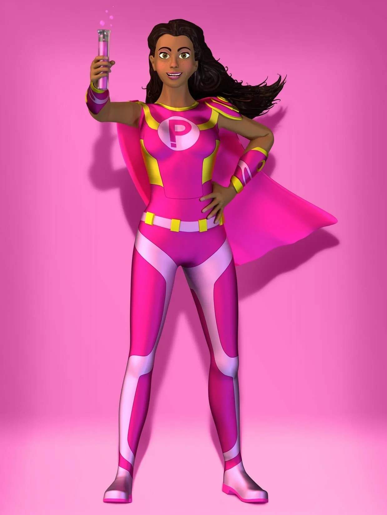 A 3D character standing full length on a flat pink ground. A woman in a magenta and yellow superhero suit with a P inside a circle on the chest, a magenta cape streaming to one side, hand on hip, holding up a test tube of bubbling pink liquid in her raised right hand.