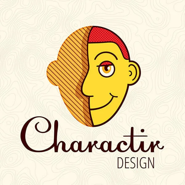 The Charactir Design mark: a yellow face in three-quarter profile with a red cap, the left third of the head filled with diagonal brown hatching, over the script wordmark and the word DESIGN.