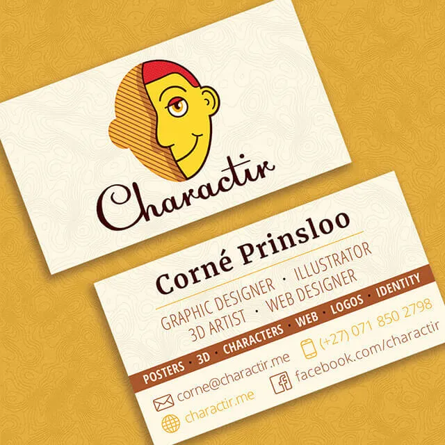 Two Charactir business cards on a mustard ground. The front carries the yellow face mark above a brown script wordmark; the back lists Corné Prinsloo, graphic designer, illustrator, web designer, 3D artist, over a brown contact bar.