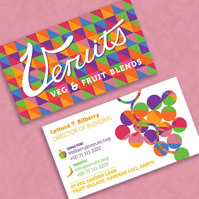 Two Veruits business cards on a pink ground. The front is tiled edge to edge with orange, green, blue, purple and red triangles, with the word Veruits in a thick white script across it above the line VEG & FRUIT BLENDS; the back is white, with contact details on the left and a cluster of overlapping multicoloured circles on the right.