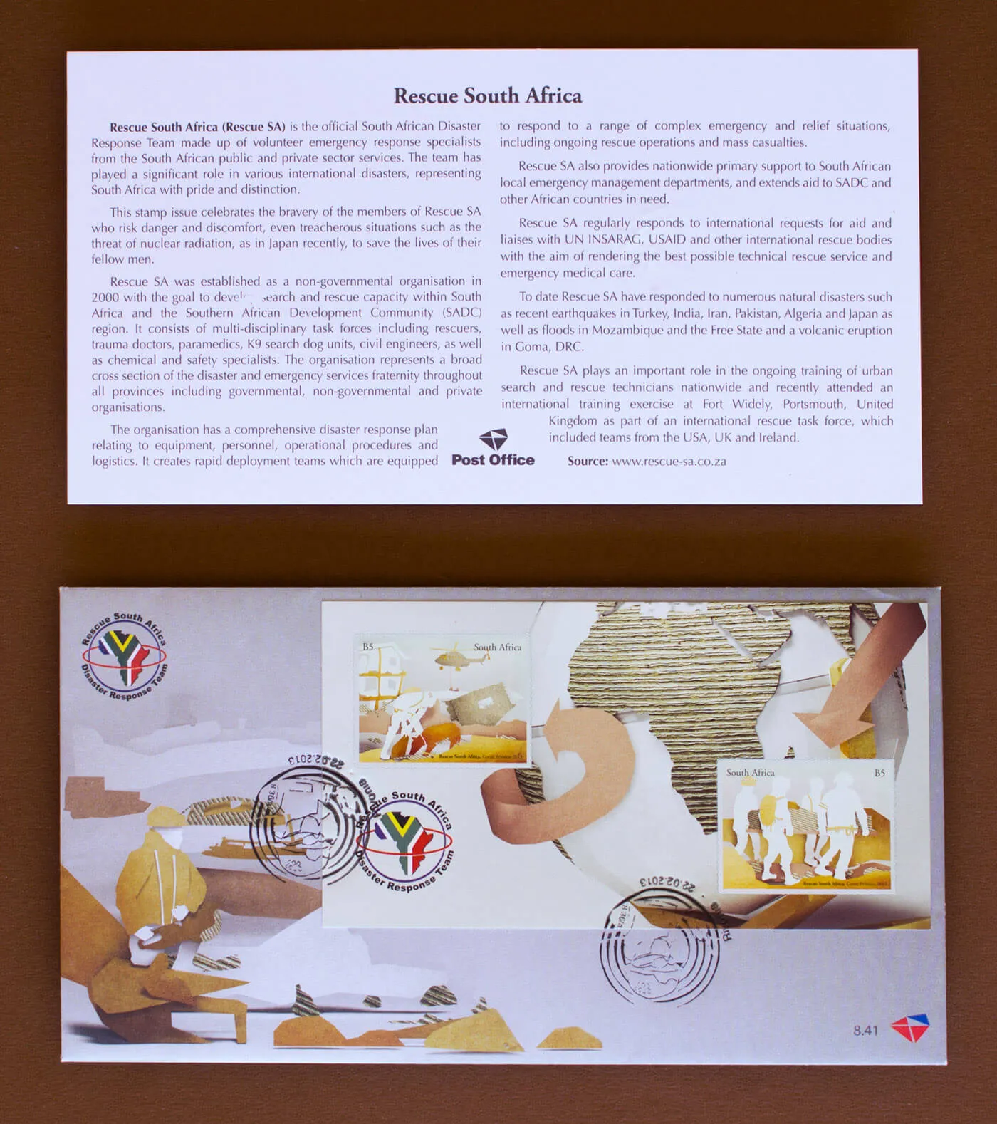 The complete first-day cover with its insert card. The card carries an essay headed "Rescue South Africa" in two columns with the Post Office logo; below it the envelope shows both B5 stamps, two Rescue South Africa Disaster Response Team emblems and two circular Pretoria cancellations over a paper-cutout rescue scene.