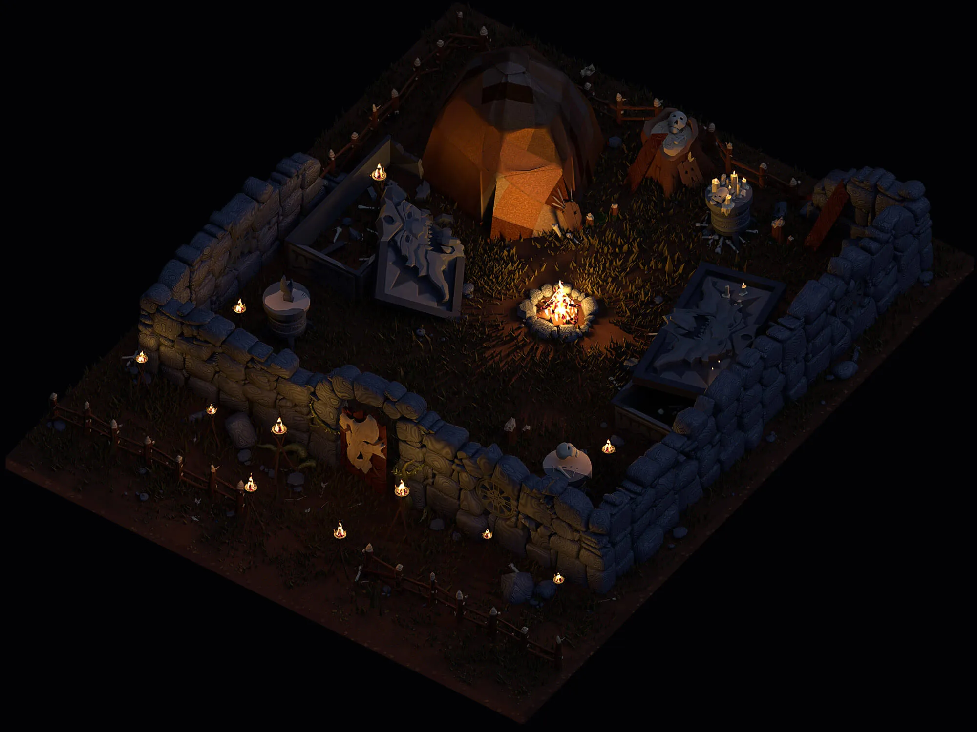 The same diorama from the same camera, lit only by its own fires. The campfire, the candles on the bone plinth and a dozen small torches along the fence are the only light sources, and the stone walls fall away into near black beyond their reach.