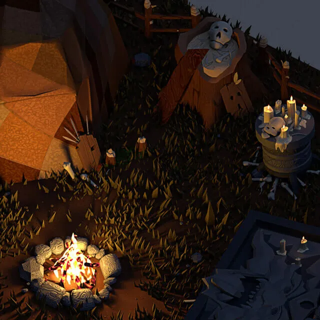 A close view of the camp. The orange hide tent fills the left, spears driven into the ground beside it. Behind, a horned skull mask hangs on a red board over a fur, and to the right a stone plinth is covered in melted candles and a skull. The campfire burns at the bottom of the frame.
