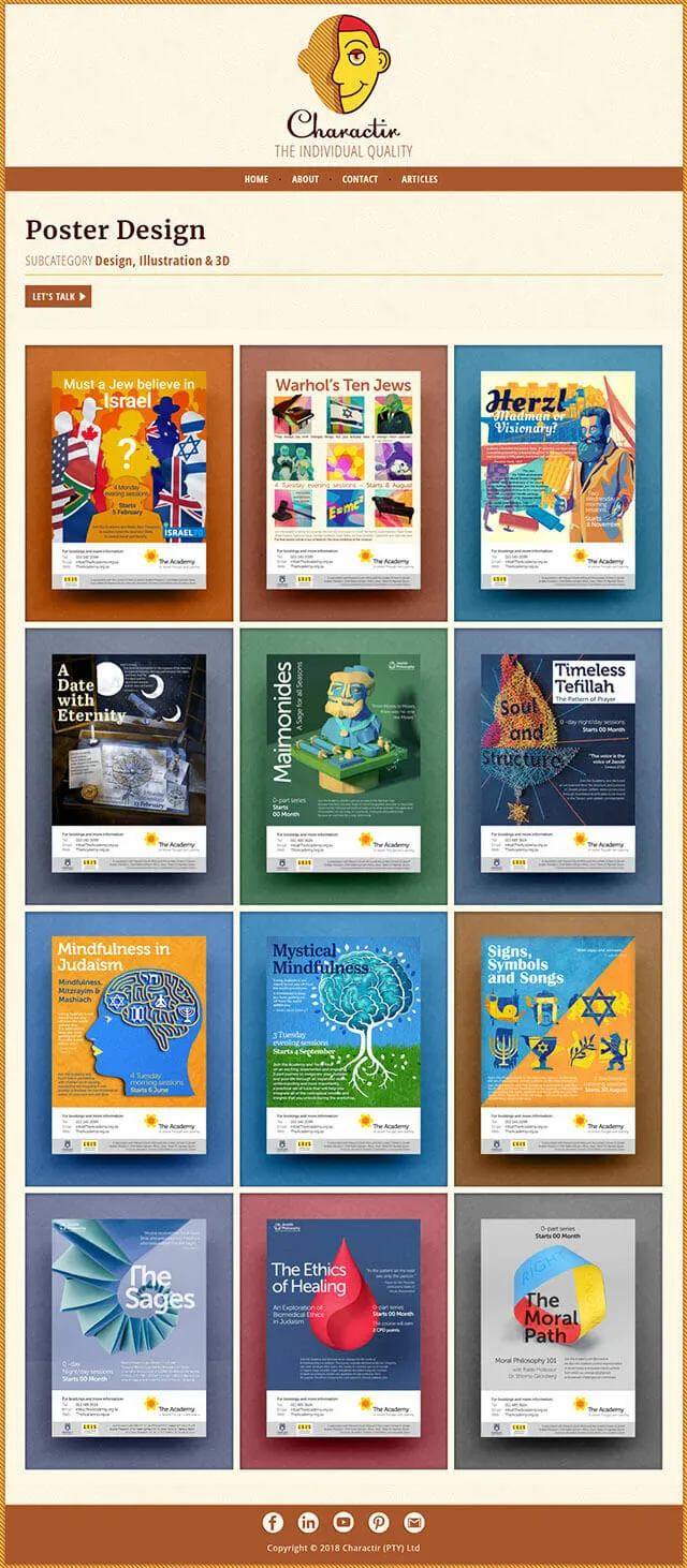 The Poster Design category page, with twelve Academy lecture posters in a three-column grid, each on its own coloured card.