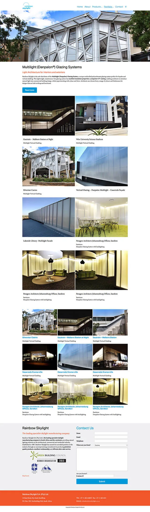 The Multilight glazing systems page, full length. A photograph of a faceted glass and steel façade fills the hero, followed by a grid of building photographs each captioned with its project name: Gautrain Marlboro Station, Silverstar Casino, Paragon Architects Johannesburg.